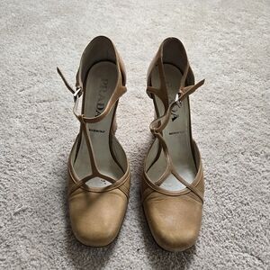Prada Tan Leather T-Strap Pumps